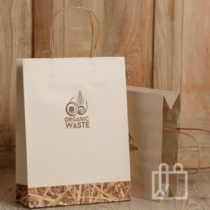 Bolsa de papel blanca con el texto Organic Waste y base decorativa
