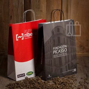 Dos bolsas de papel con diseños corporativos apoyadas sobre una superficie de madera